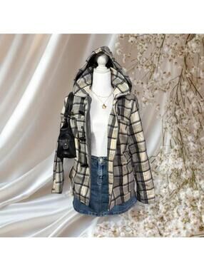 OLD NAVY PLAID HOODED DUFFLE COAT Y2K GRAY